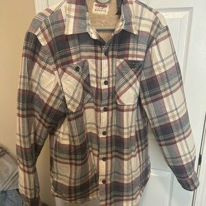 Wrangler Plaid Sherpa-Lined Puffer Jacket in Cream, Gray & Burgundy